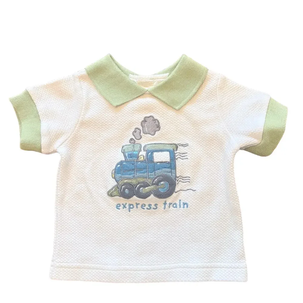 Vintage Baby Boy Q Express Train Green + White Collared Shirt Size 6/9M